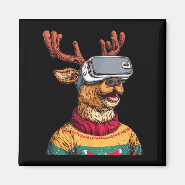 Imã Funny Reindeer In Christmas Sweater And Vr Headset (Frente)