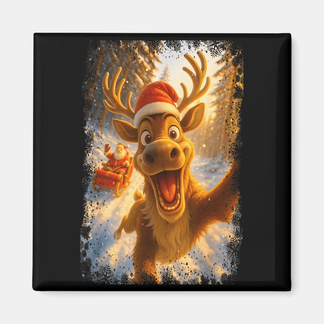 Imã Funny Reindeer Selfie Santa Merry Christmas Men Wo (Frente)