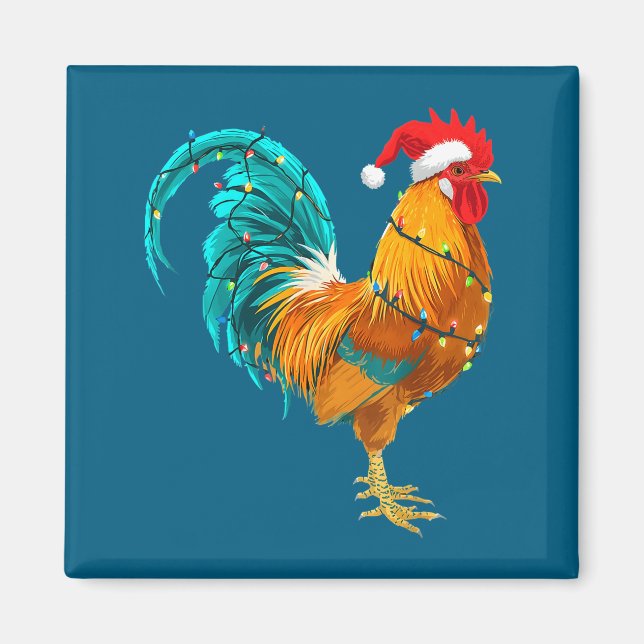 Imã Funny Rooster Chicken Santa Christmas Lights Farme (Frente)