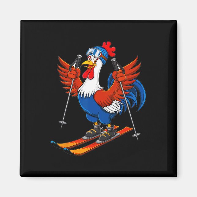 Imã Funny Rooster Skiing Adventure Cartoon  (Frente)