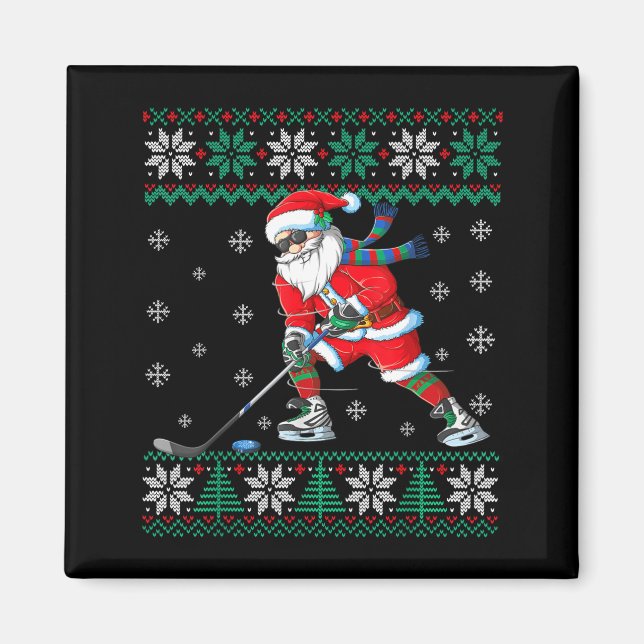 Imã Funny Santa Claus Christmas Ice Hockey Ugly Sweate (Frente)