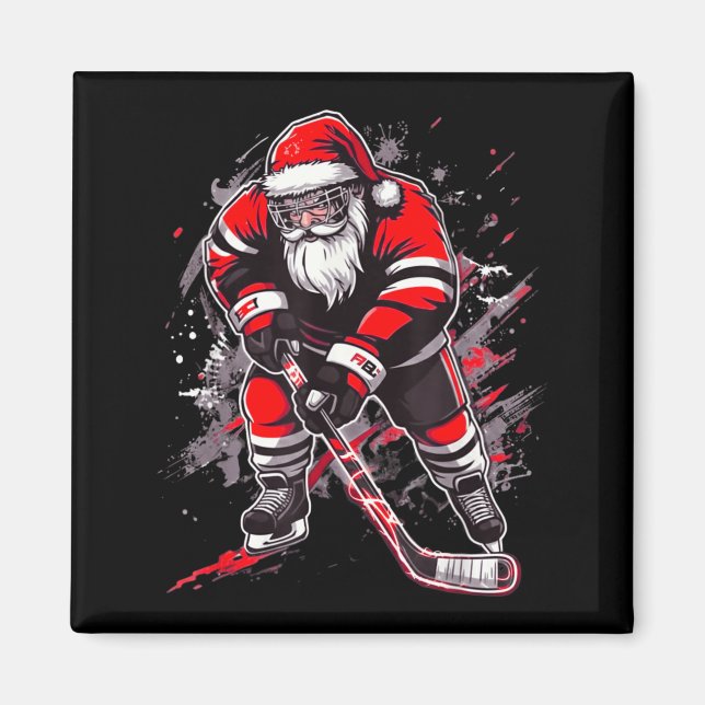 Imã Funny Santa Hockey Christmas Retro Winter Player X (Frente)