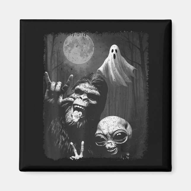 Imã Funny Sasquatch &amp; Alien Rock On Hand Sign Ghos (Frente)