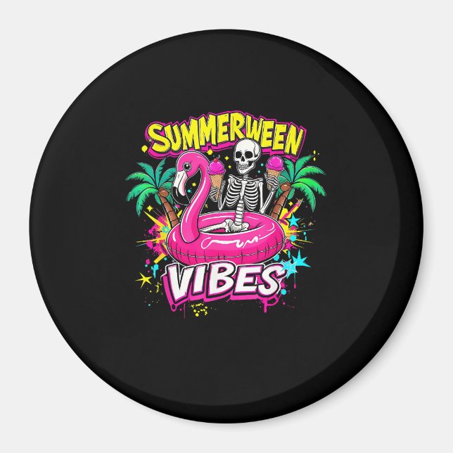 Imã Funny Skeleton Summerentre Vibes Flamingo Piscina  (Frente)