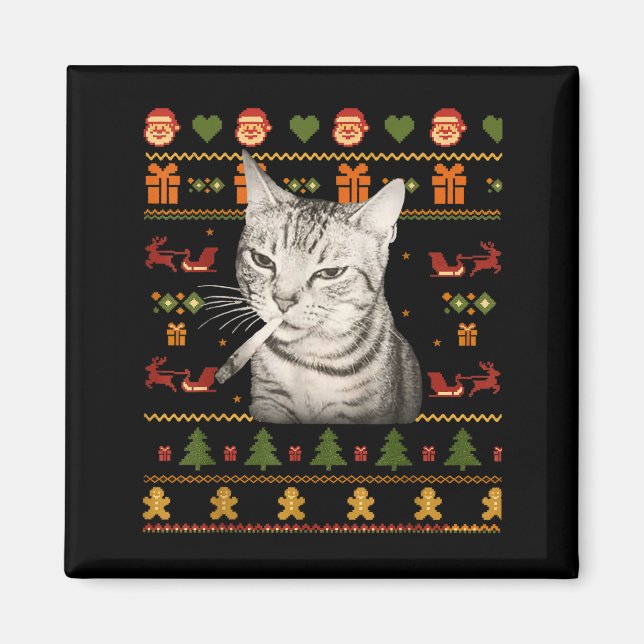 Imã Funny Smoking Cat Meme Christmas Ugly Sweaters For (Frente)