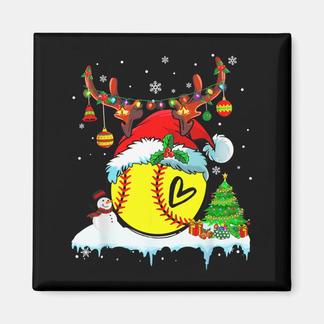 Imã Funny Softball Christmas Reindeer Santa Hat Lights (Frente)