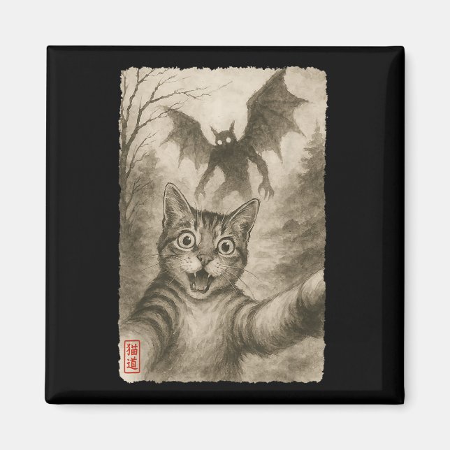 Imã Funny Sumi-e Kawaii Surpreendeu Gato Assustado Sel (Frente)
