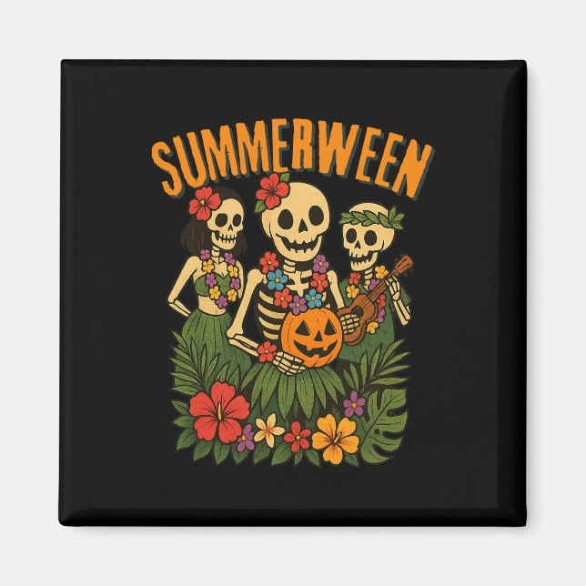 Imã Funny Summerween Skeletons Luau Party Halloween Be (Frente)