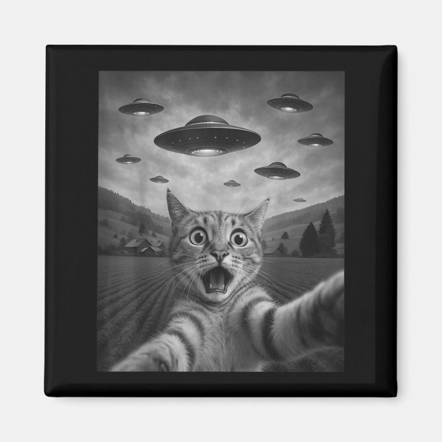 Imã Funny Surprised Ed Cat Selfie With Alien Ufo Cat U (Frente)
