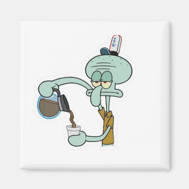 Imã Funny Tired Squidward Pouring Coffee Mug - Morning (Frente)