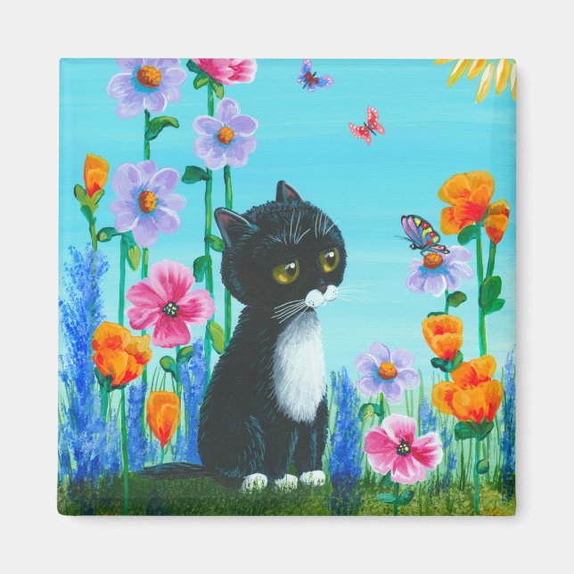 Imã Funny Tuxedo Cat Flowers (Frente)
