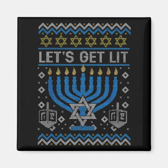 Imã Funny Ugly Hanukkah Sweater Lets Get Lit Menorah J (Frente)