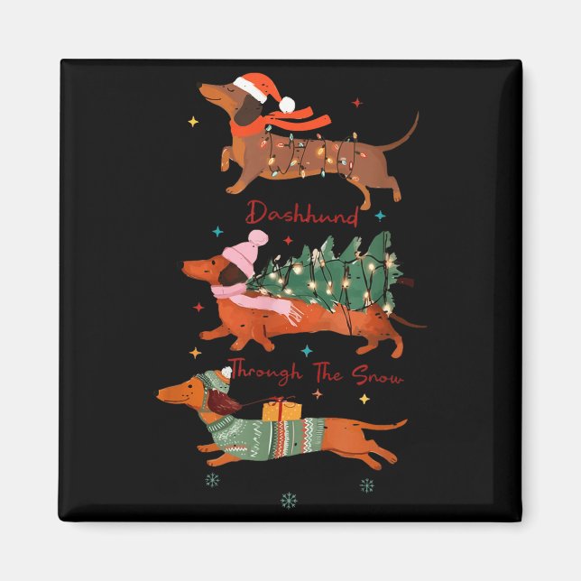 Imã Funny Weiner Dog Dachshund Through The Snow Merry  (Frente)