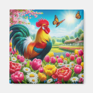 Imã Galo floral/primavera/trabalho de arte de galinha