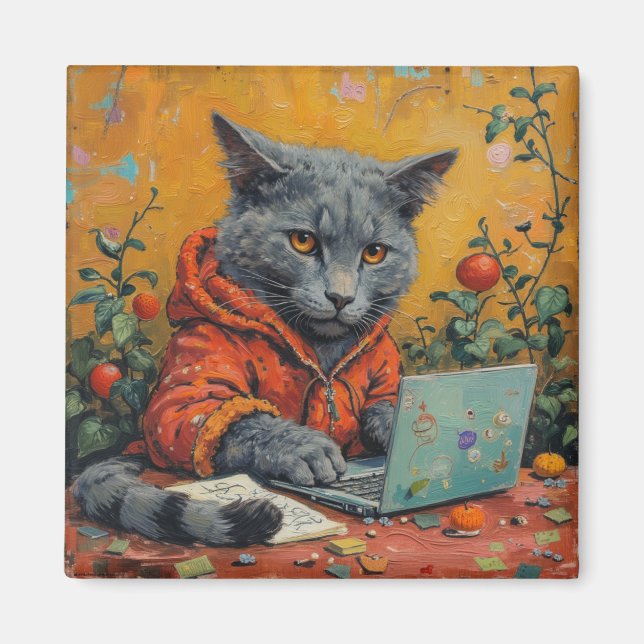 Imã Gamer Cat at the Computer – Funny Tech Meme Square (Frente)