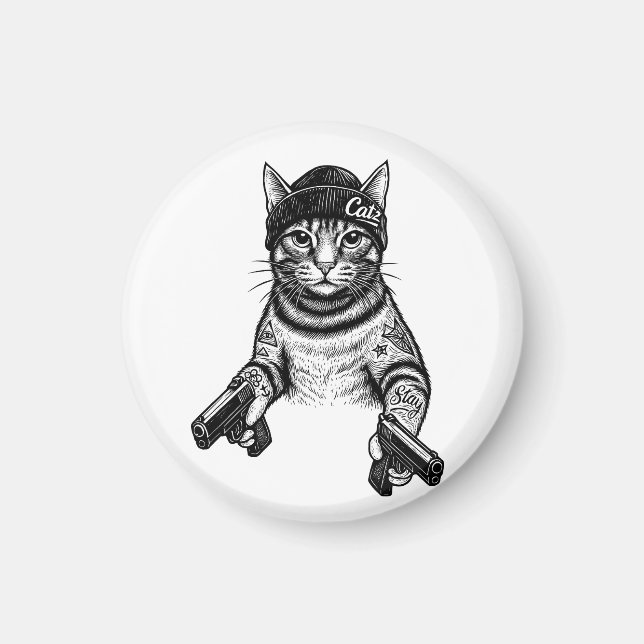 Imã Gangster Cat Tattoo Art | Cool Streetwear Kitty (Frente)