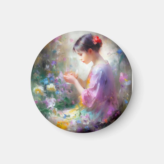 Imã Garota admirando uma flor em suas mãos (Frente)