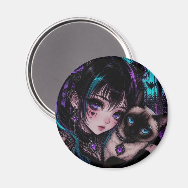 Imã Garota Anime Emo Gótica & Gato (Front/Back)