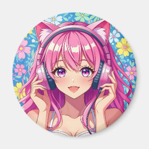 Imã Garota Anime Rosa Fofa com Fones de Ouvido