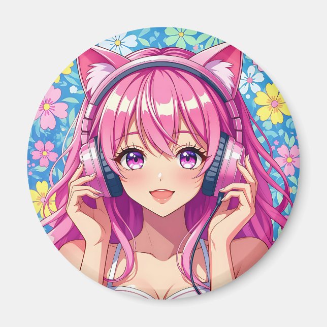 Imã Garota Anime Rosa Fofa com Fones de Ouvido (Frente)