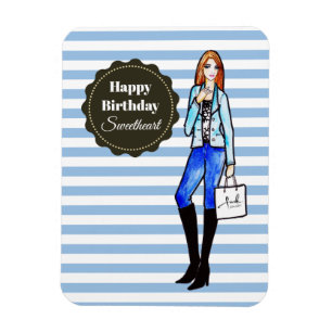 Ímã Garota Chic com Jaqueta Denim e Moda das Calças