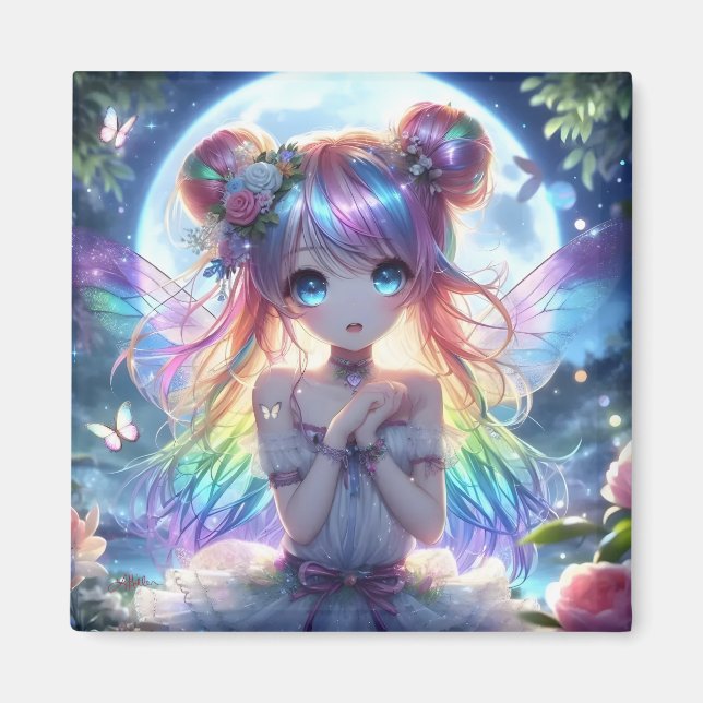 Imã Garota de Anime Cabelo Arco-íris Cantando Fada da  (Frente)