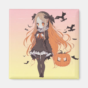 Imã Garota de anime de Halloween rosa e morcegos