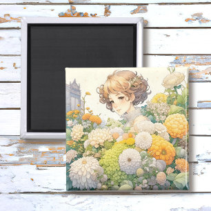 Imã Garota de Anime em Flores Amarelas