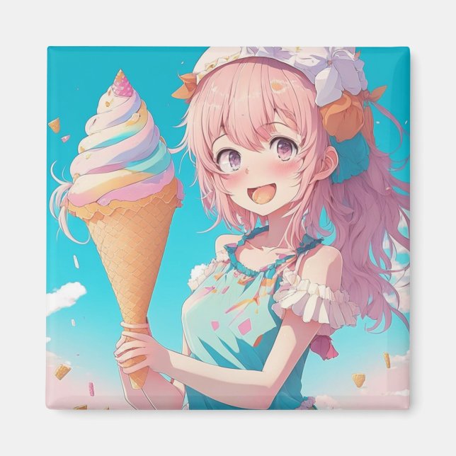 Imã Garota de anime Whimsical com Cone Sorvete (Frente)