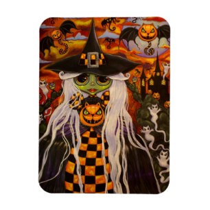 Ímã Garota de Bruxa Verde, Pumpkins, Fantasmas