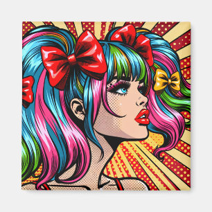 Imã Garota de Quadrinhos de Pop Art Bonita com Laços