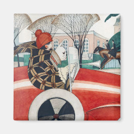 Imã Garota e Cachorro num Automóvel Vermelho