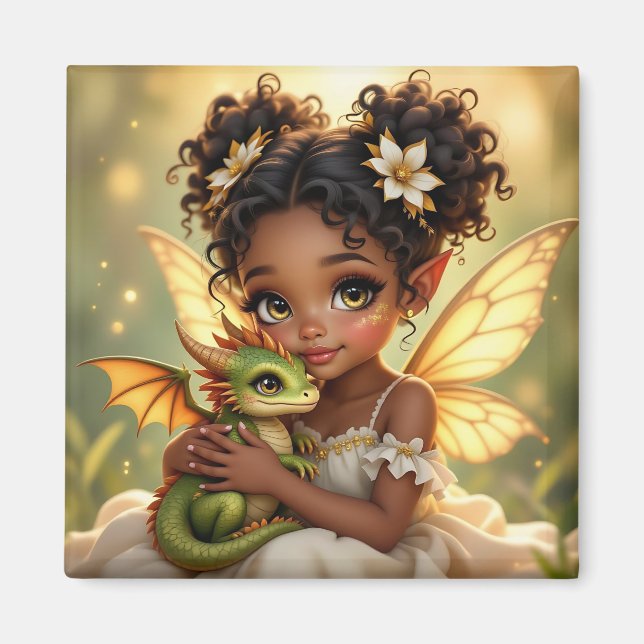 Imã Garota Fada de Anime Fofa e Dragão Chibi (Frente)