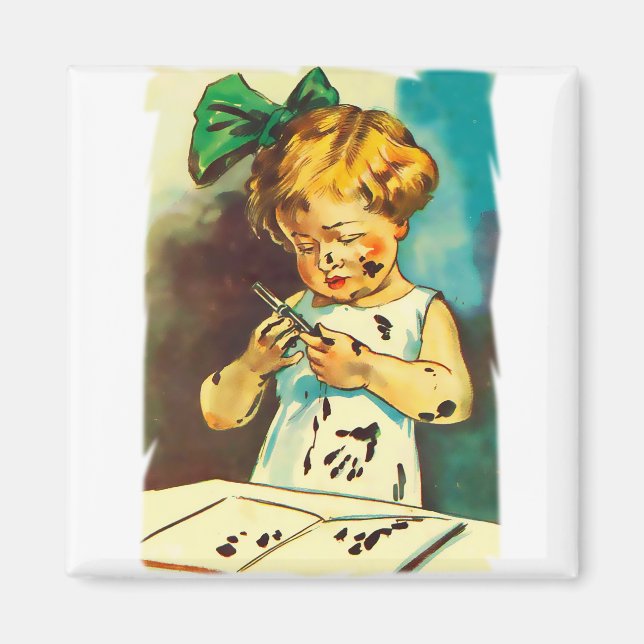 Imã Garota suja de tinta. Desenho colorido da colheita (Frente)