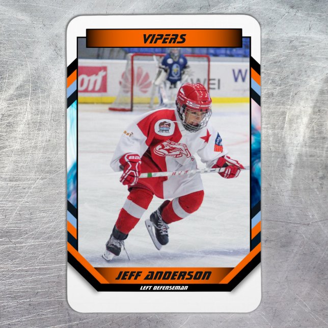 Ímã Gatilho De Hóquei No Gelo Em Laranja Legal (Ice Hockey Trading Card Magnet: Futuristic design, dynamic action. Perfect gift for young fans!)