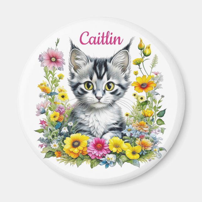 Imã Gatinho Aquarela em Flores Amarelas Personalizado (Frente)