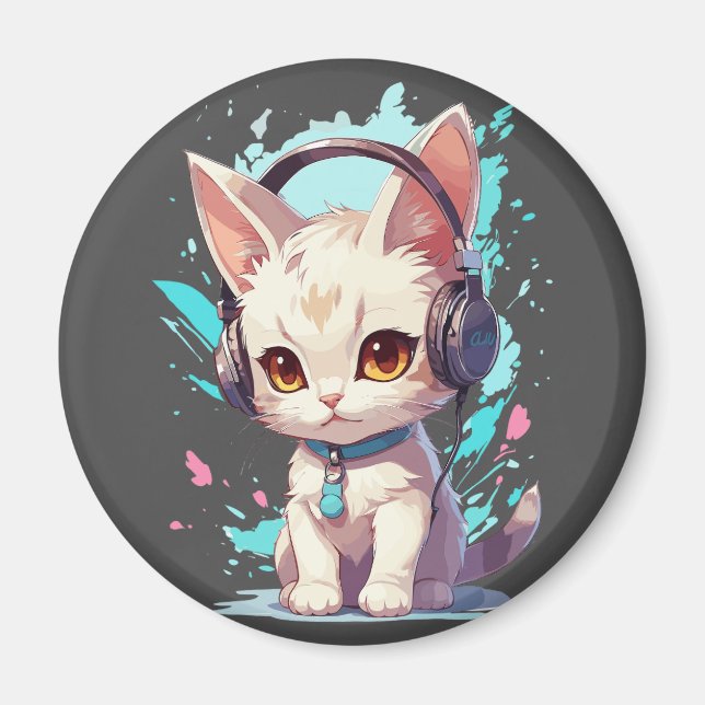 Imã Gatinho bonito com Fones de ouvido mágicos (Frente)