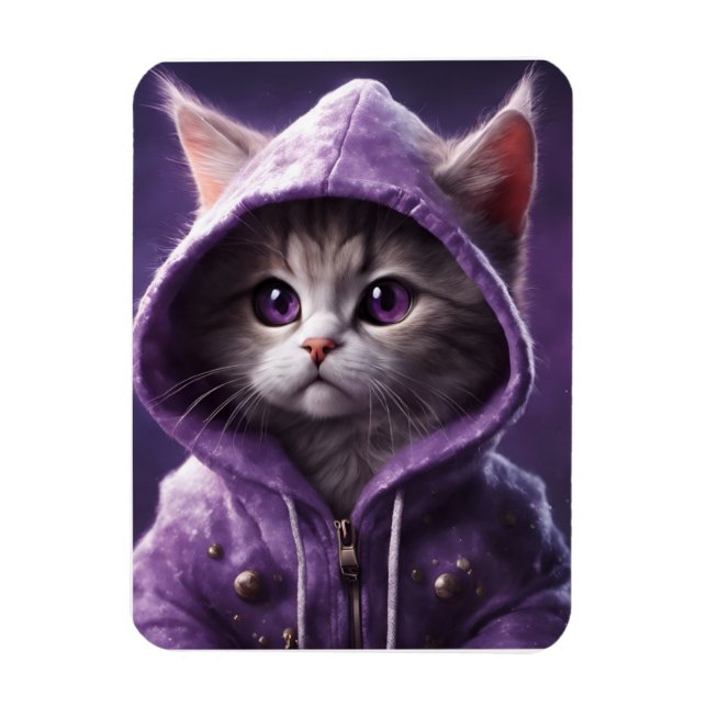 Ímã Gatinho bonito em um capuz roxo (Vertical)