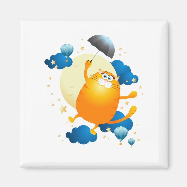 Imã Gatinho bonito voando com guarda-chuva (Frente)