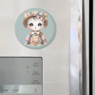 Imã Gatinho Cottagecore com Macacão e Chapéu de Palha