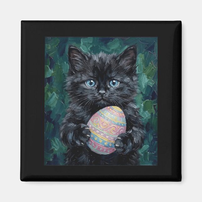 Imã Gatinho de Páscoa Fofo Segurando Ovo Decorado (Frente)