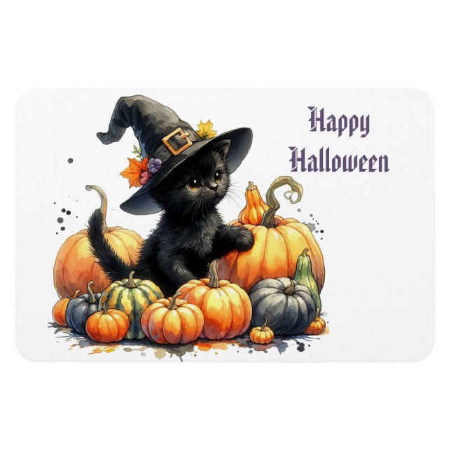 Ímã Gatinho do Dia das Bruxas Negro com Pumpkins e Cha (Horizontal)