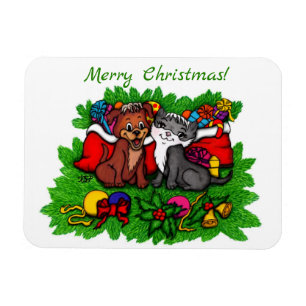 Ímã Gatinho e filhote de cachorro, XMas feliz