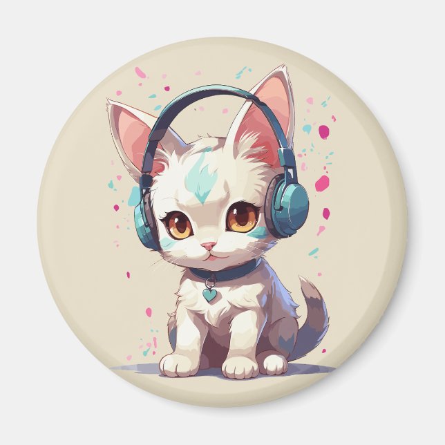 Imã Gatinho Fofo com Charme de Fones de Ouvido (Frente)