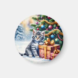 Imã Gatinho Fofo Sob a Árvore de Natal