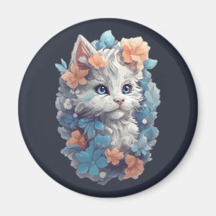 Imã Gatinho Gato Floral Branco Fofo