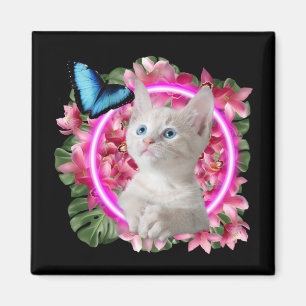 Imã Gatinho Gelado com borboleta azul em neon tropical