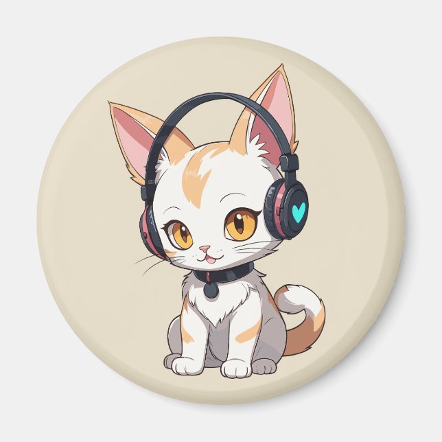 Imã Gatinho Kawaii em Fones de ouvido Rocking (Frente)