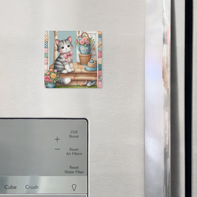 Imã Gatinho no Alpendre Cena Floral Patchwork (In Situ (Fridge))