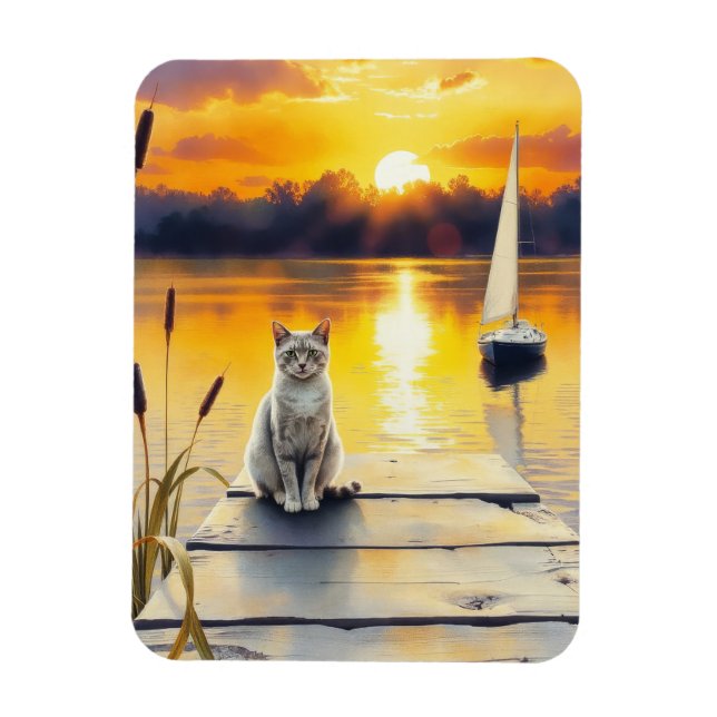 Ímã gatinho no cais ao pôr do sol (Vertical)